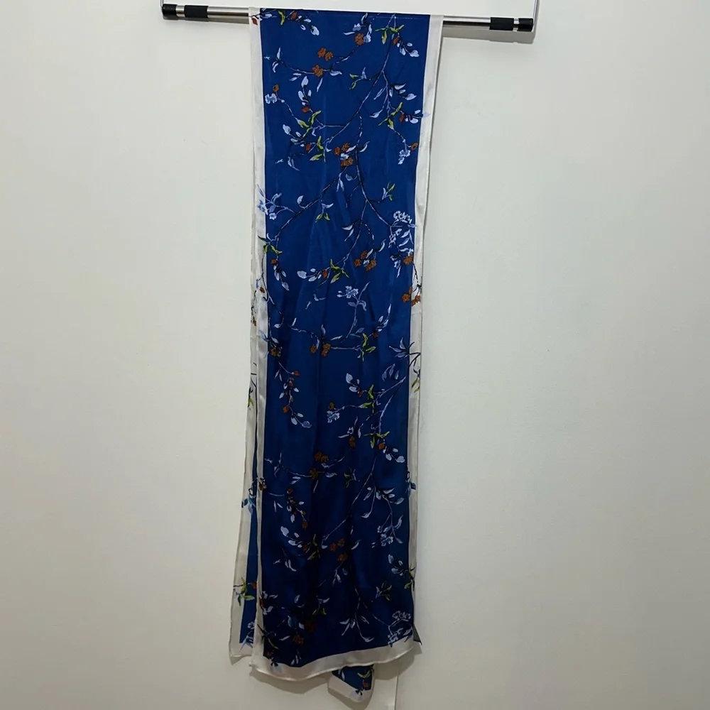 NWT White House Black Market blue floral 100% silk scarf 80”L x 12”W